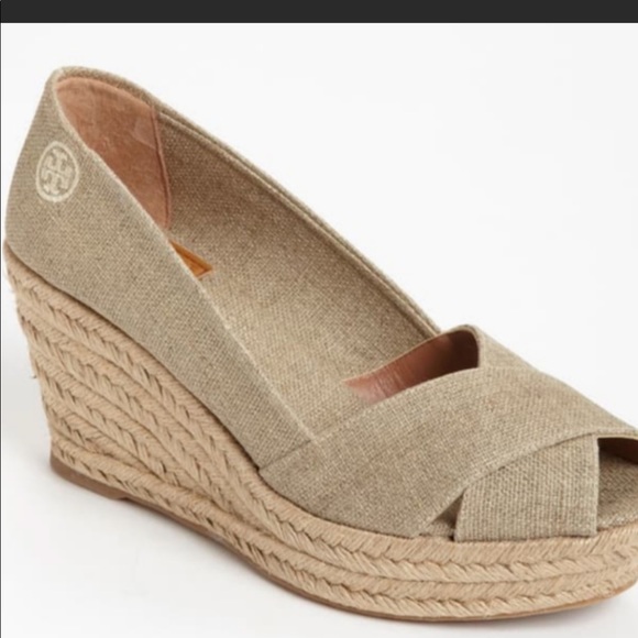 Tory Burch Shoes - Tory Burch toupe jute wedge open toe heels.